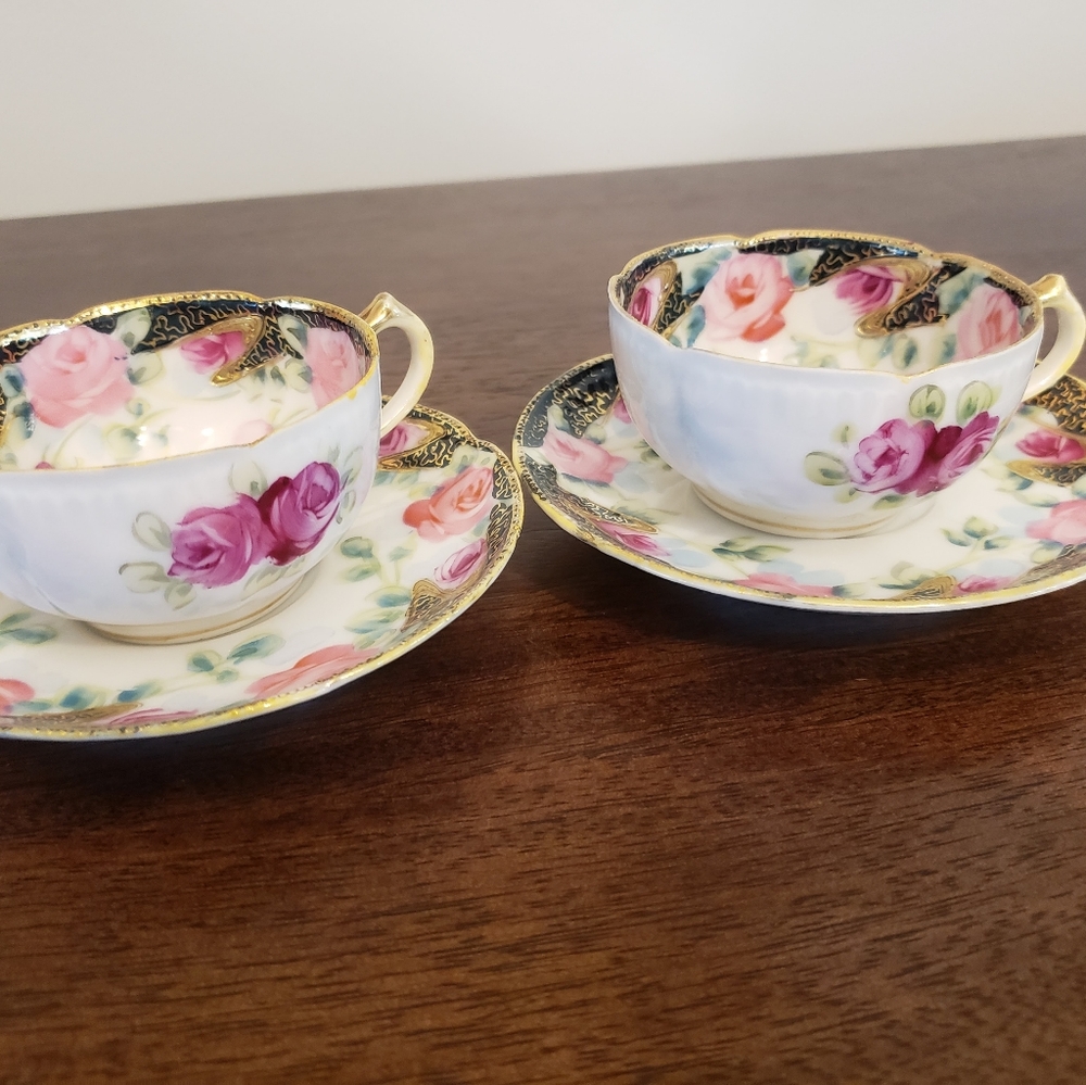Vintage Teacups with Saucers Black & Gold Detail Pink Flowers - Picture 6 of 14